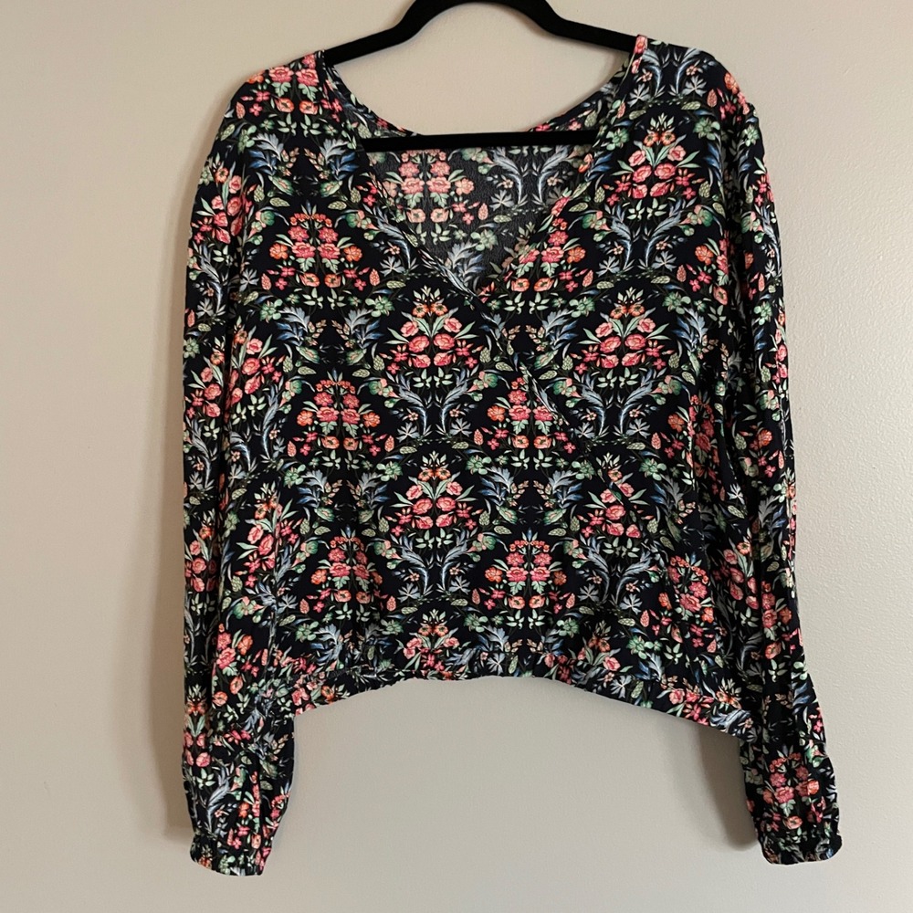 LOFT Floral Damask Print Long Sleeve Cropped Blouse‎ Navy XL feminine career nwt - Picture 3 of 14
